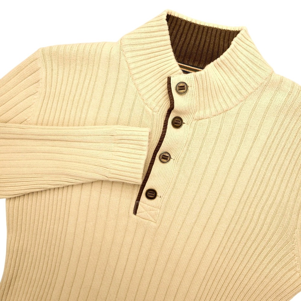 Eddie Bauer Sweater Mens M Beige Ribbed Cotton Mock Neck Henley Knit Pullover
